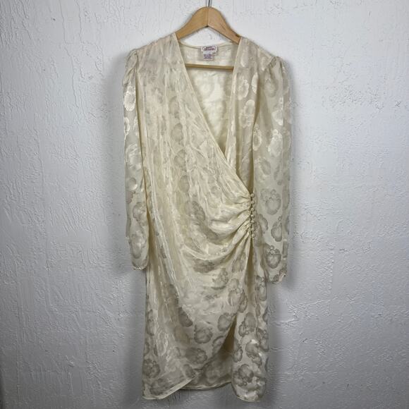 Vintage 80s Cream Floral Dress Flower 10 Ruched Waist Satin White Great Gatsby - Picture 1 of 5